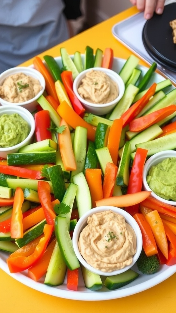 A colorful assortment of lean and green appetizers including veggie sticks and dips on a platter.